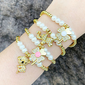 Chic Four-Leaf Clover Pearl Bracelet for Women, Minimalist Bear & Elephant Charm Jewelry