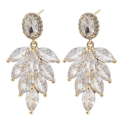 Brass with Glass Dangle Stud Earrings, Leaf