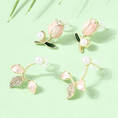 2 Pairs Alloy Enamel & Rhinestone & Plastic Pearls Stud Earrings for Women, Tulip, with
925 Sterling Silver Pins