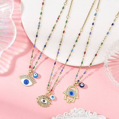 3Pcs 3 Styles Brass Enamel Blue Evil Eye Pendant 304 Stainless Steel Dapped Chain Necklaces, Mixed Color