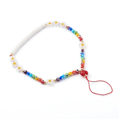 Ремешок для мобильного телефона с бусинами от сглаза и сердца лэмпворк, с бусинами хейши из полимерной глины и стеклянными бусинами цветов, золотые