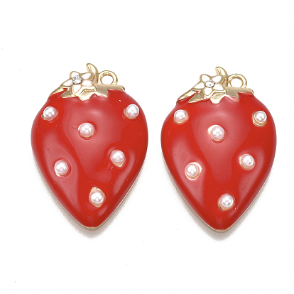 Brass Enamel Pendants, with ABS Plastic Imitation Pearl, Nickel Free, Real 18K Gold Plated, Strawberry