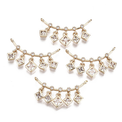 Brass Micro Pave Cubic Zirconia Pendants, Long-Lasting Plated, Curved Bar with Rhombus, Light Gold