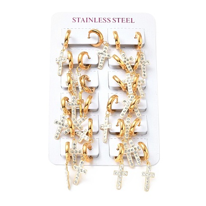 Crystal Rhinestones Cross Dangle Hoop Earrings, 304 Stainless Steel Jewelry for Women