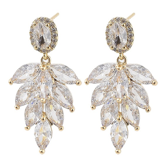 Brass with Glass Dangle Stud Earrings, Leaf