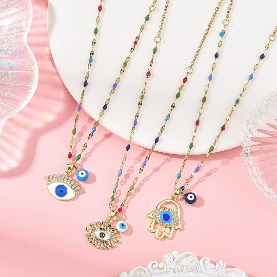 3 piezas 3 estilos colgante de ojo turco azul de latón esmaltado 304 collares de cadena de acero inoxidable, color mezclado