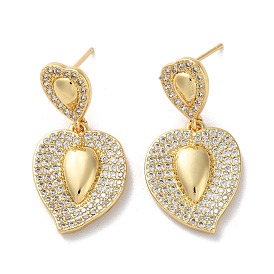 Brass Pave Clear Cubic Zirconia Stud Earrings, Heart with Teardrop