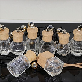 Diamond/Crown/Hexagon Empty Glass Perfume Bottle Pendants, Aromatherapy Fragrance Essential Oil Diffuser Bottle, with Coffee Color Cord, Car Hanging Decor, with Wood Lid