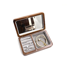 Cajas de almacenamiento de joyas de madera, con tapa magnética, terciopelo y espejo en el interior, Rectángulo