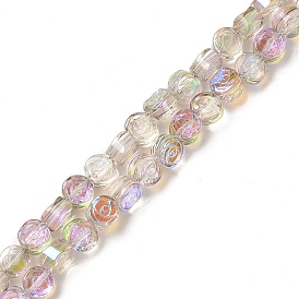Electroplate Transparent Glass Beads Strands, Half Plated, Flat Round with Rose