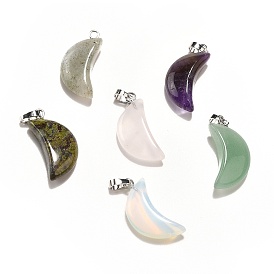 Gemstone Pendants, Moon Charms, with Platinum Tone Brass Findings