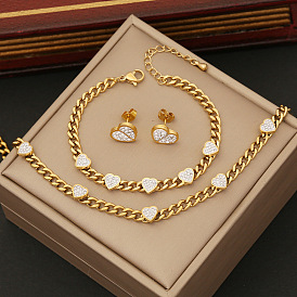 Fashionable Stainless Steel Heart-shaped Necklace with Full Diamond Pendant