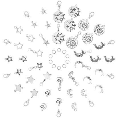 Kits de fabrication de pendentifs lune et étoile à faire soi-même, y compris les pendentifs en alliage de style tibétain et les fermoirs à pince de homard, Anneaux de bronze