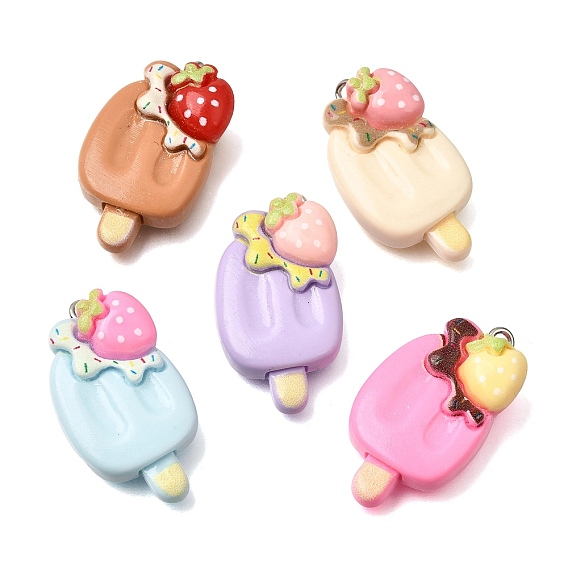 Opaque Resin Imitation Food Pendants, Strawberry Ice Lolly Charm, with Platinum Iron Loop