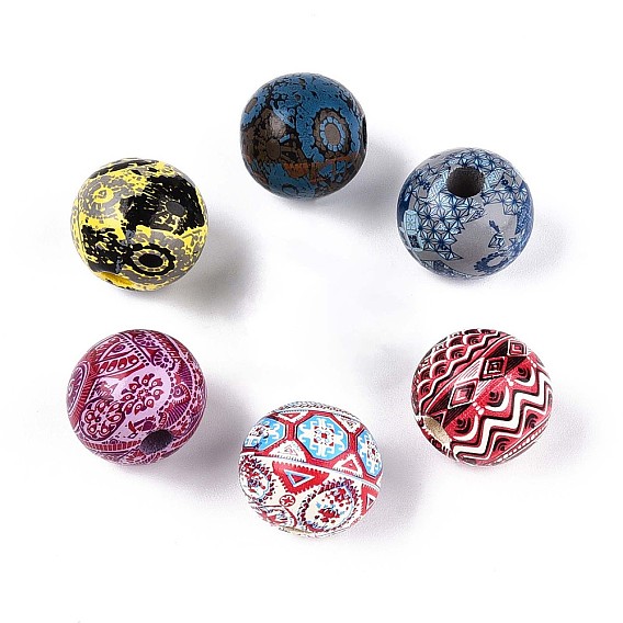 Бусины из дерева схима в богемном стиле с принтом, круглые