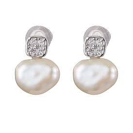 Natural Pearl Ear Studs, with Sterling Silver Micro Pave Clear Cubic Zirconia Findings, Oval