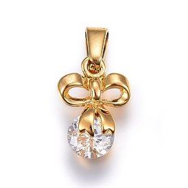 304 Stainless Steel Charms, with Cubic Zirconia, Bowknot