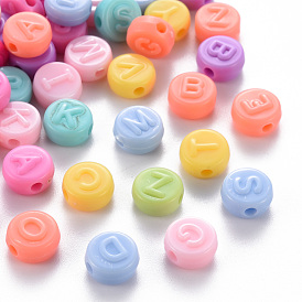Opaque Acrylic Beads, Flat Round with Letter