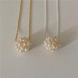 Colliers avec pendentif en grappe de fleurs de perles d'eau douce naturelles, avec 925 colliers à chaîne en argent sterling pour femmes, blanc