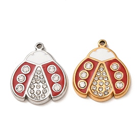304 Stainless Steel Rhinestone Pendants, Ladybug Charms, with Enamel