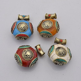 Mixed Handmade Tibetan Style Flat Round  Pendants, with Brass Findings, 37x28x18mm, Hole: 5mm
