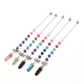 Natural Mixed Stone Chakra Pointed Dowsing Pendulums, Lotus with Aum ibetan Style Alloy Pendants, Mixed Natural Weathered Agate Beads