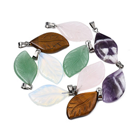 Gemstone Pendants, Leaf Charm, with Stainless Steel Color Tone Stainless Steel Findings