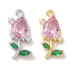 Brass Pave Clear Cubic Zirconia Pendants, Tulip, Pink with Green