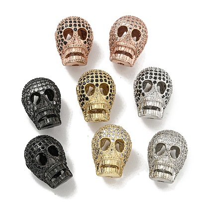 Латунные микропаве прозрачные/черные бусины из кубического циркония, череп