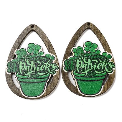 Saint Patrick's Day Single Face Printed Wood Big Pendants, Teardrop Charms with Clover