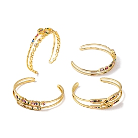 Brass Pave Colorful Cubic Zirconia 2-Strand Open Cuff Bangles for Women, Real 18K Gold Plated