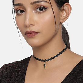 Simple Lace Choker Necklace with Lock Bone and Vintage Black Triangle Pendant
