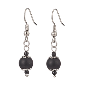 Synthetic Black Stone & Glass Round Beaded Dangle Earrings, Brass Jewelry for Women