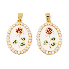 Brass Enamel Pendants, with ABS Plastic Imitation Pearl Beads, Real 18K Gold Plated, Oval with Flower