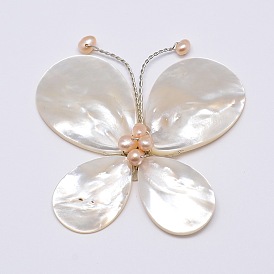 White Shell Brooches, with Shell Pearl and Platinum Plated Brass Findings, Insect/Butterfly