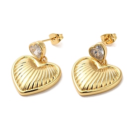 Heart Brass with Cubic Zirconia Heart Dangle Stud Earrings, Long-Lasting Plated, Cadmium Free & Lead Free