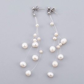 Pearl Beads Ear Studs, with 304 Stainless Steel and Brass Finding
