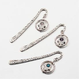 Apprêts marque-pages de style tibétain, cercle avec hamsa main / main de fatima / main de miriam, avec des perles de pierres fines, 79.5x16mm