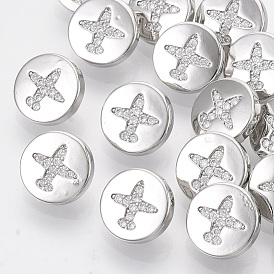Brass Shank Buttons, with Micro Pave Cubic Zirconia, Flat Round with Airplane, Clear