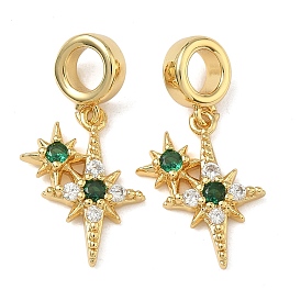 Европейские подвески-шармы с двумя звездами из латуни с микропаве из зеленого и прозрачного кубического циркония, Подвески с большими отверстиями