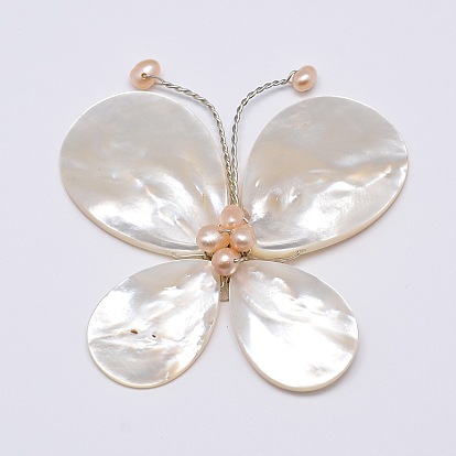 White Shell Brooches, with Shell Pearl and Platinum Plated Brass Findings, Insect/Butterfly