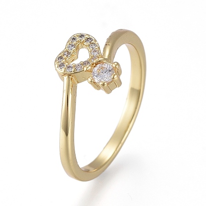 Anillos de dedo de circonita cúbica transparente con micro pavé de latón, larga duración plateado, corazón