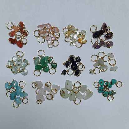 72Pcs 12 Colors Natural Mixed Stone Pendants, with Brass Findings & 304 Stainless Steel Jump Rings, Golden