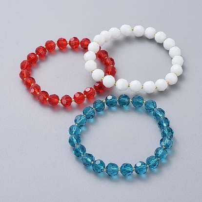Faceted Glass Beads Stretch Bracelets, with Glass Seed Beads