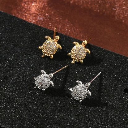 Женские серьги-гвоздики из латуни с микропаве и прозрачным кубическим цирконием, черепаха