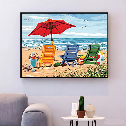 DIY Beach Theme Diamond Painting Kits, including Canvas, Resin Rhinestones, Diamond Sticky Pen, Tray Plate and Glue Clay, Rectangle with Sandbeach Pattern