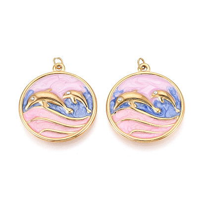 304 подвески из нержавеющей стали с хрустальными стразами и эмалью, плоские круглые с дельфином, с целью перехода в кольце, ионное покрытие (ip), реальный 18 k позолоченный
