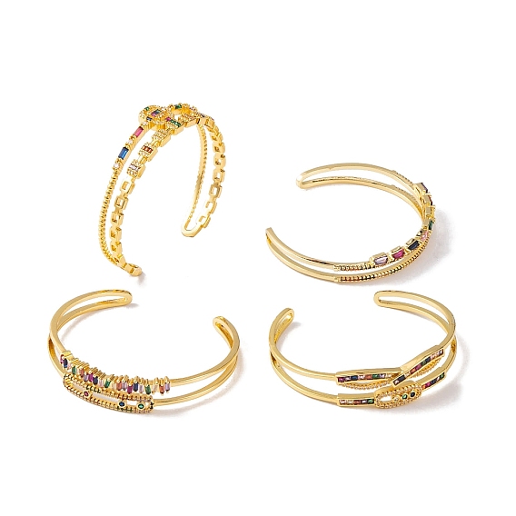 Brass Pave Colorful Cubic Zirconia 2-Strand Open Cuff Bangles for Women, Golden