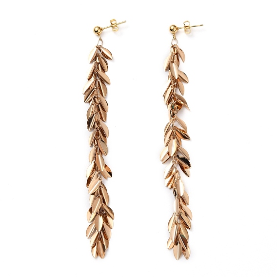 Brass Leaf Tassel Earrings, with Ear Nuts and 304 Stainless Steel Stud Earring Findings