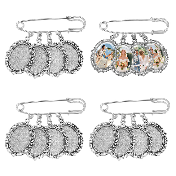 4Pcs Iron Brooches, with Alloy Pendant